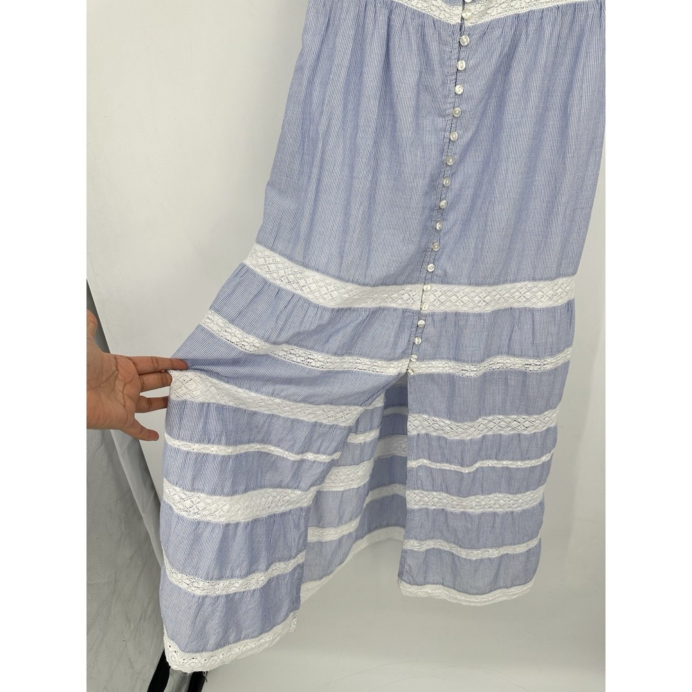 GAP Lace Trim Maxi Dress S Petite Blue Stripe Cotton Button Front Cottagecore - Picture 11 of 16